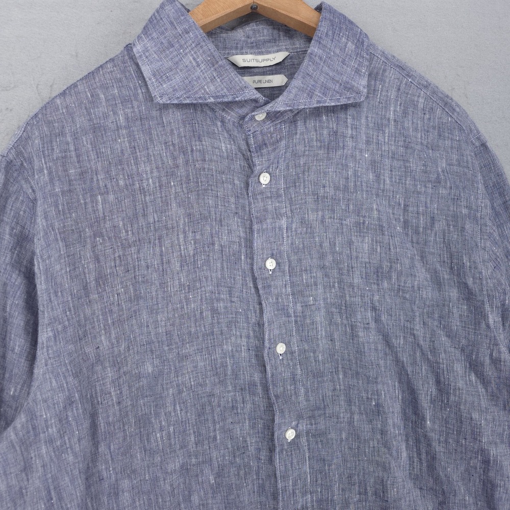Suitsupply Shirt Mens XL Blue Linen Woven Button Up Long Sleeve Albini Casual